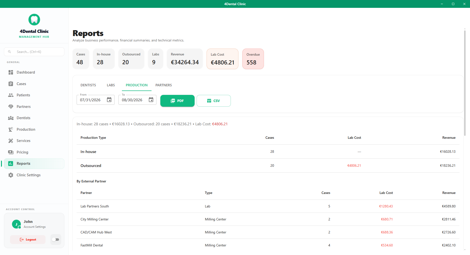 4Dental Clinic reports with PDF and CSV export